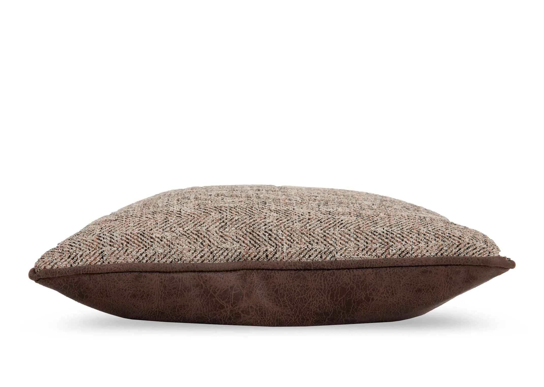 A brown tweed cushion from EZ Livings Inishmurray range.Side veiw of 2 sided cushion 1 plain and 1 design.