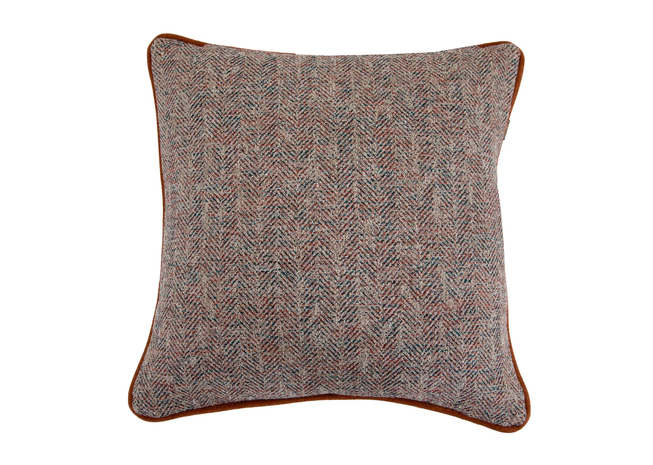 A copper velvet trim on an accent fabric cushion from EZ Livings Strandhill range. Front view.