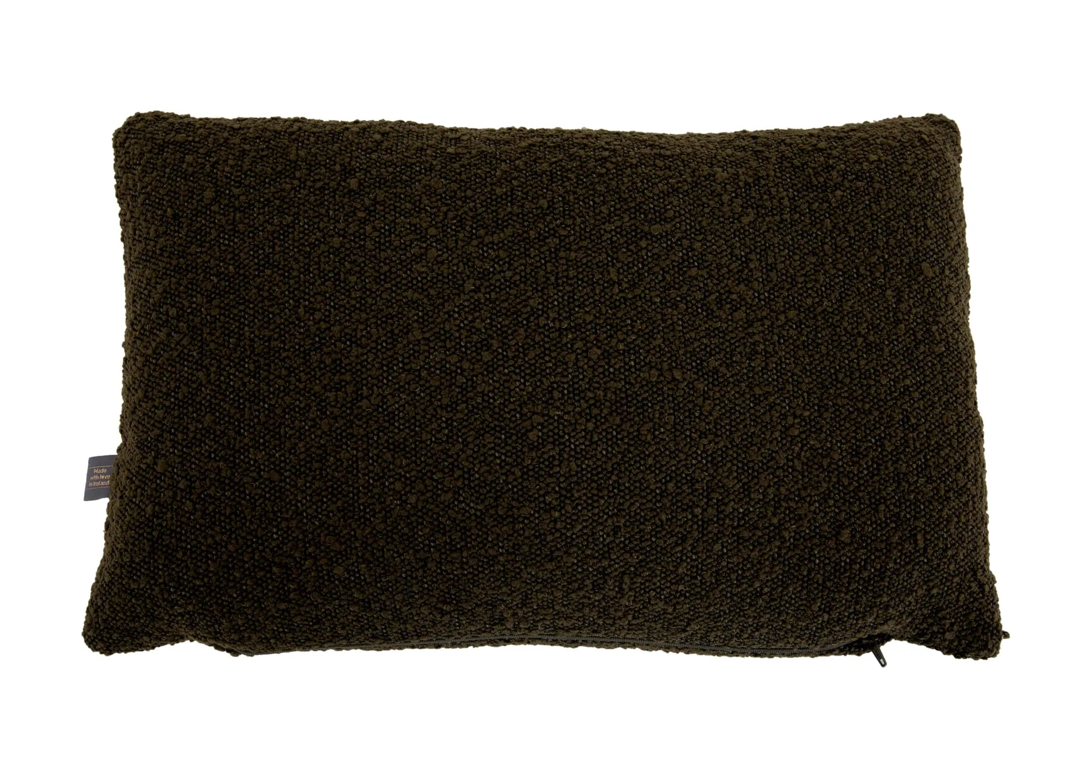A dark green boucle bolster cushion from EZ Livings Benbulbin range. Front view.
