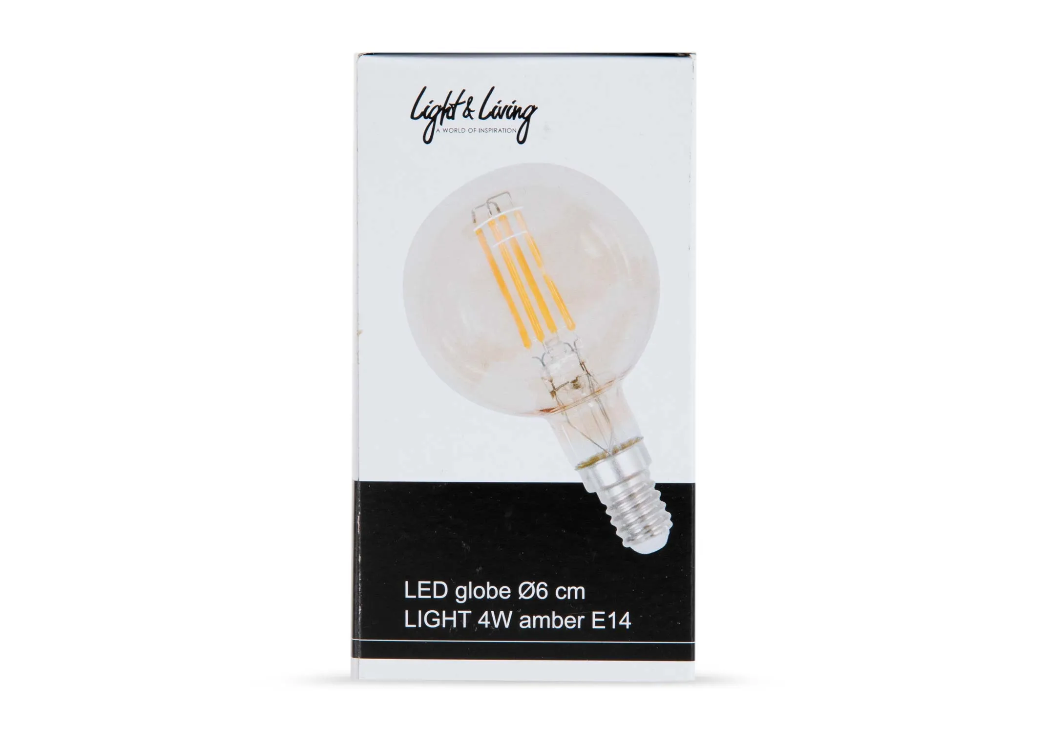 A globe LED bulb from EZ Livings Home Accessories range. Front view of box detail.