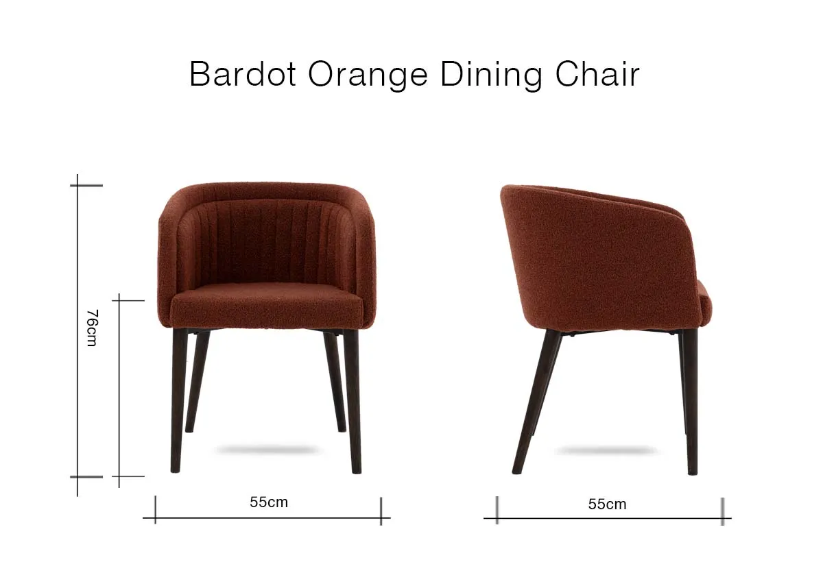 A dimension image of the Bardot Orange Dining Chair with 55cm x 55cm x 76cm