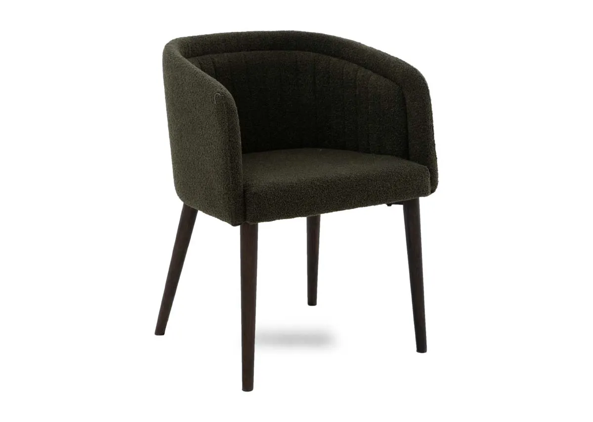 A green boucle dining chair from EZ Livings Bardot range. Angled view