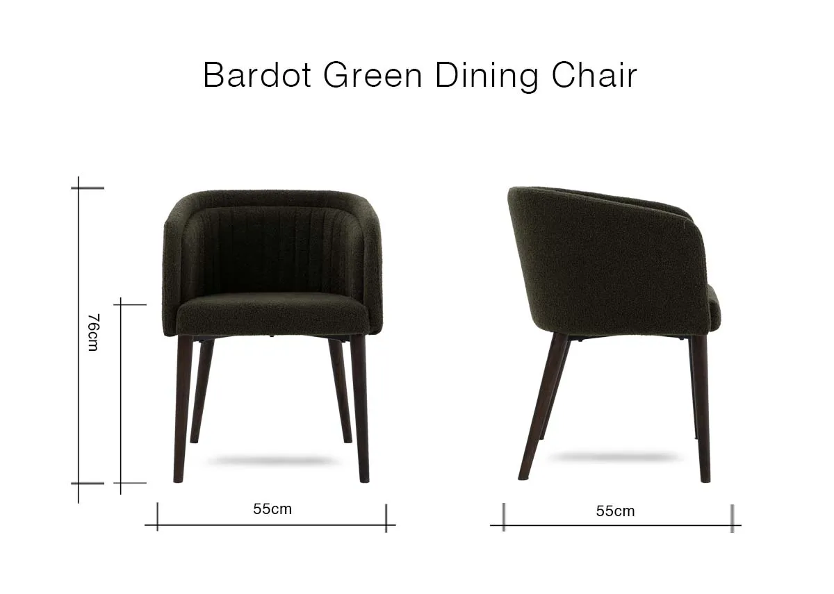 A dimension image of the Bardot green dining chair with 55cm x 74cm x 55cm
