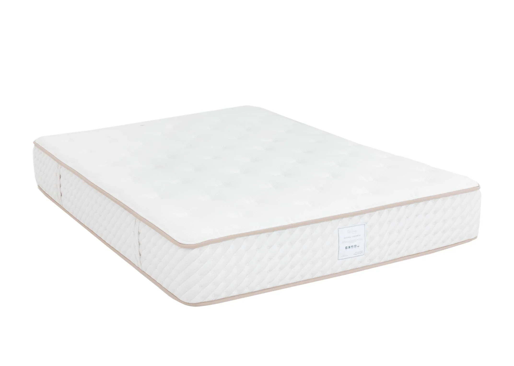 A 1500 pocket spring mattress from EZ Livings Natural Cashmere range. Angled view of mattress.