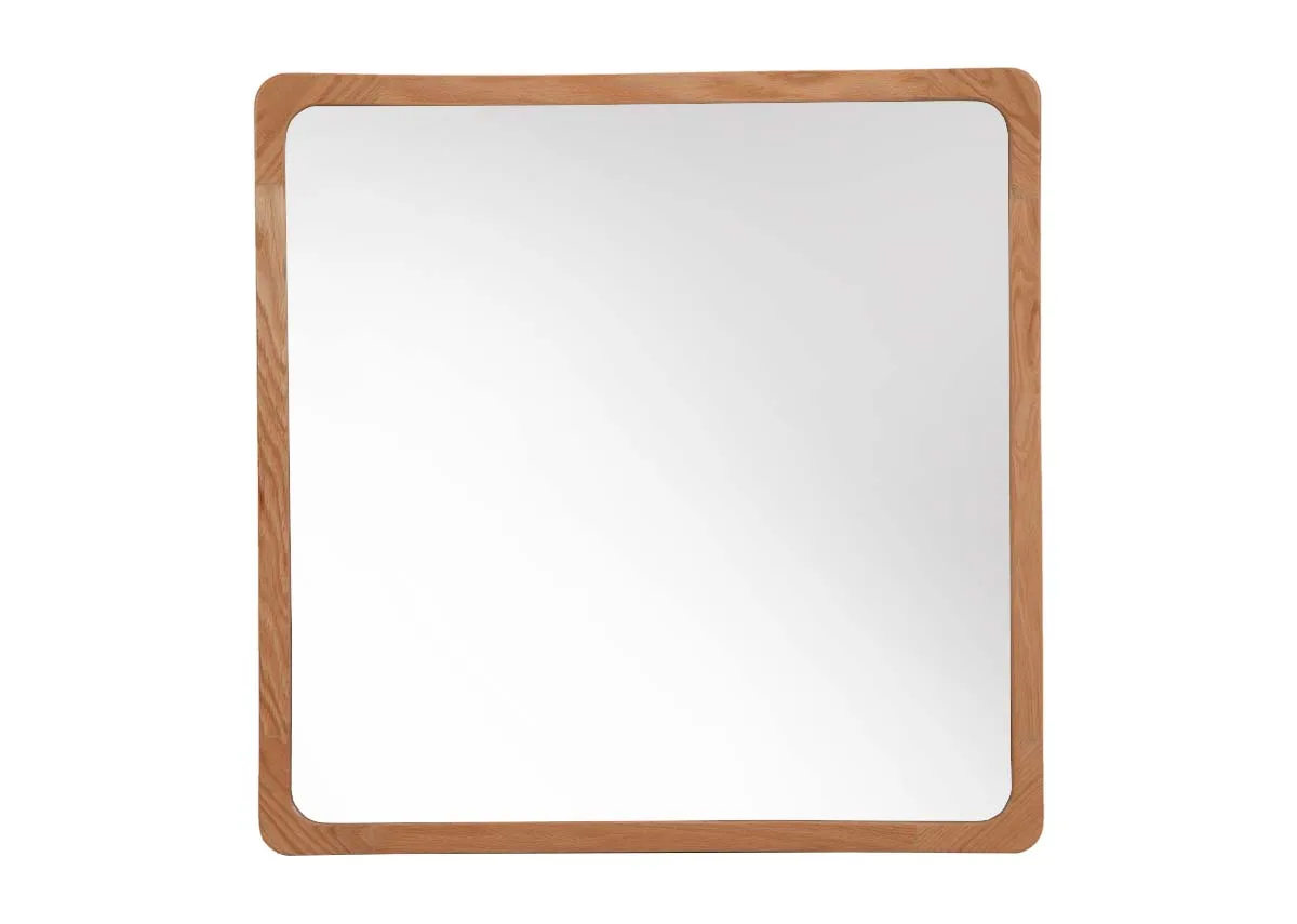 A square wall mirror with oak frame from EZ Livings Charity range. Front view