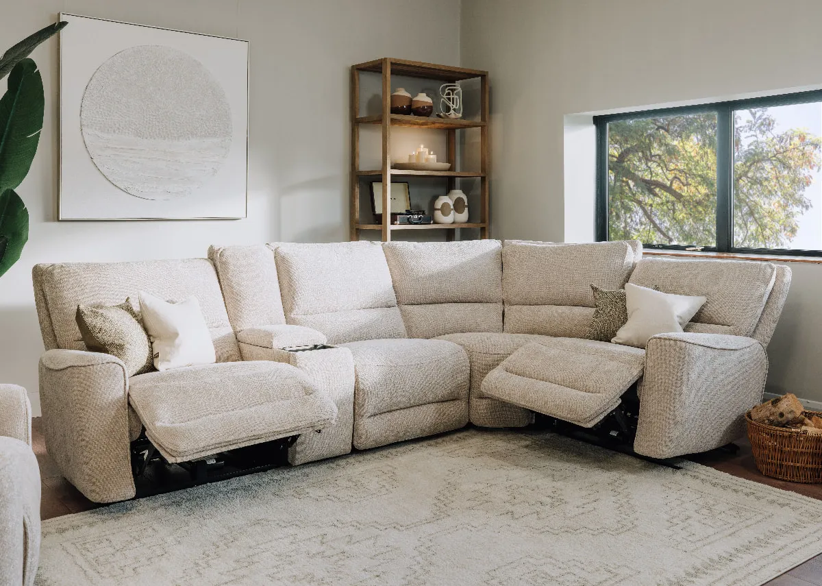 Large Beige Fabric Power Reclining Sofa with USB & Drinks Holder - Ashbrook