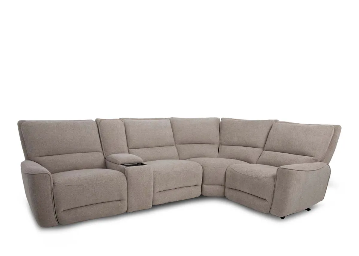 A beige fabric large corner sofa from EZ Livings Ashbrook range. Angled view of 1 seater corner part