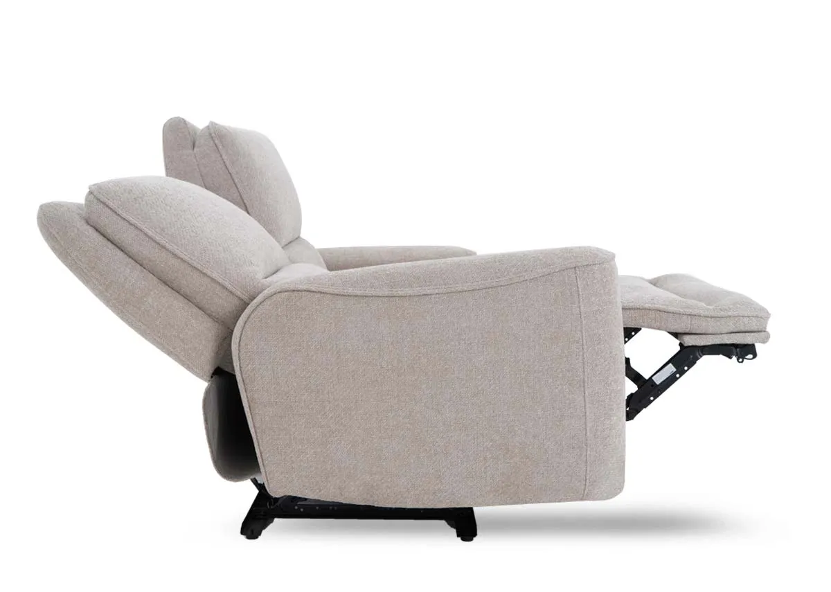 A 3 seater beige fabric power recliner from EZ Livings Ashbrook range.