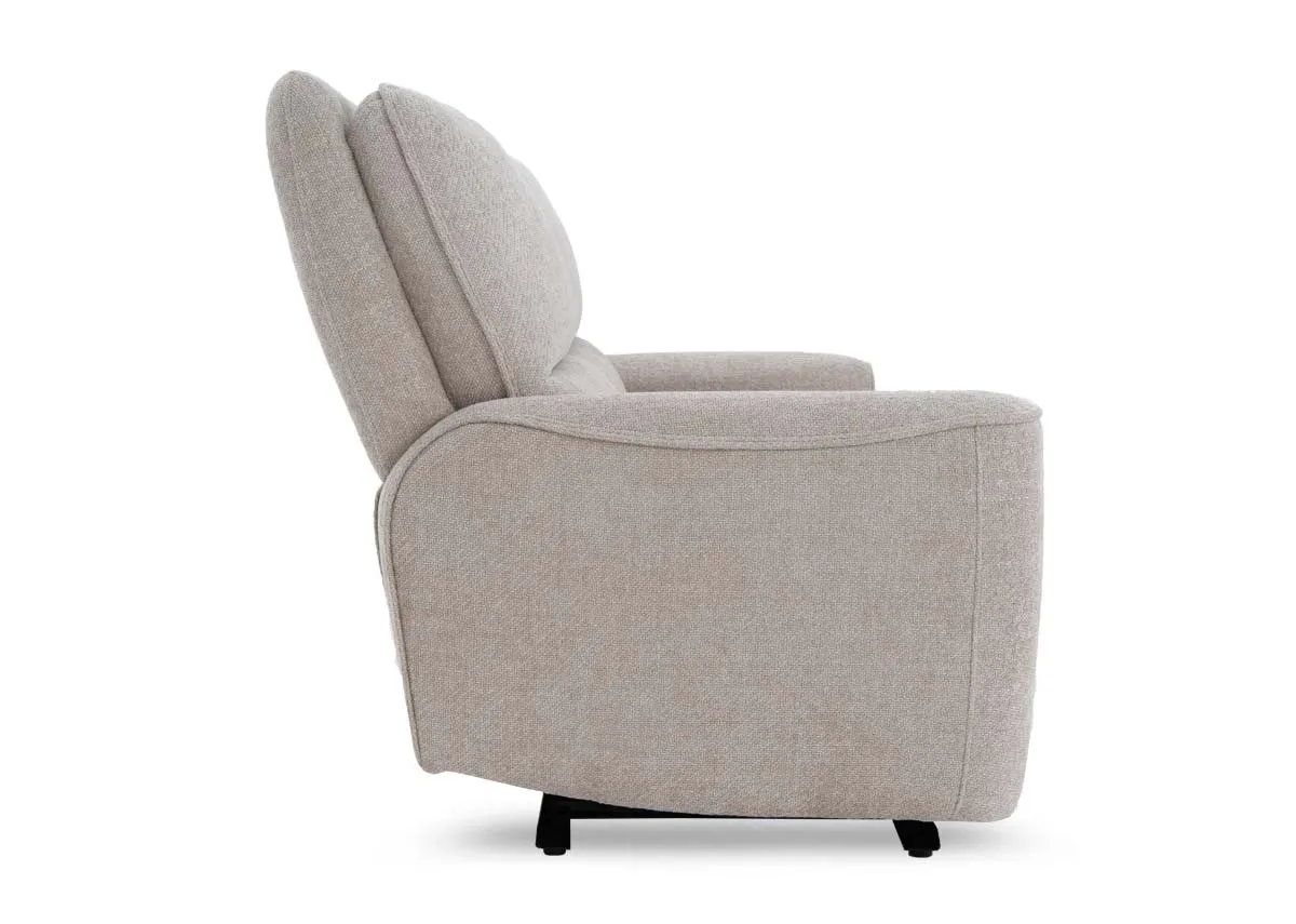 A 3 seater beige fabric power recliner from EZ Livings Ashbrook range. Side view of sofa in fixed mode