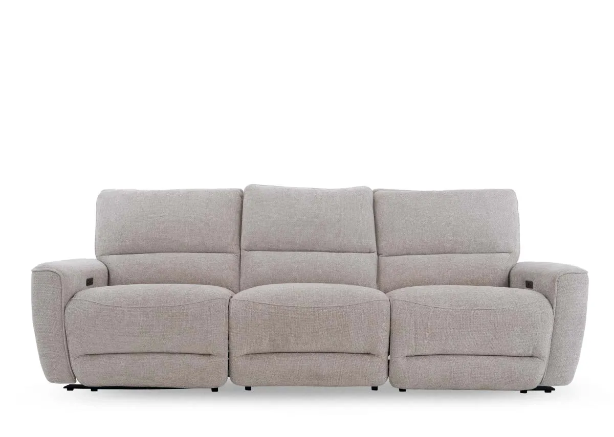 A 3 seater beige fabric power recliner from EZ Livings Ashbrook range.Front view