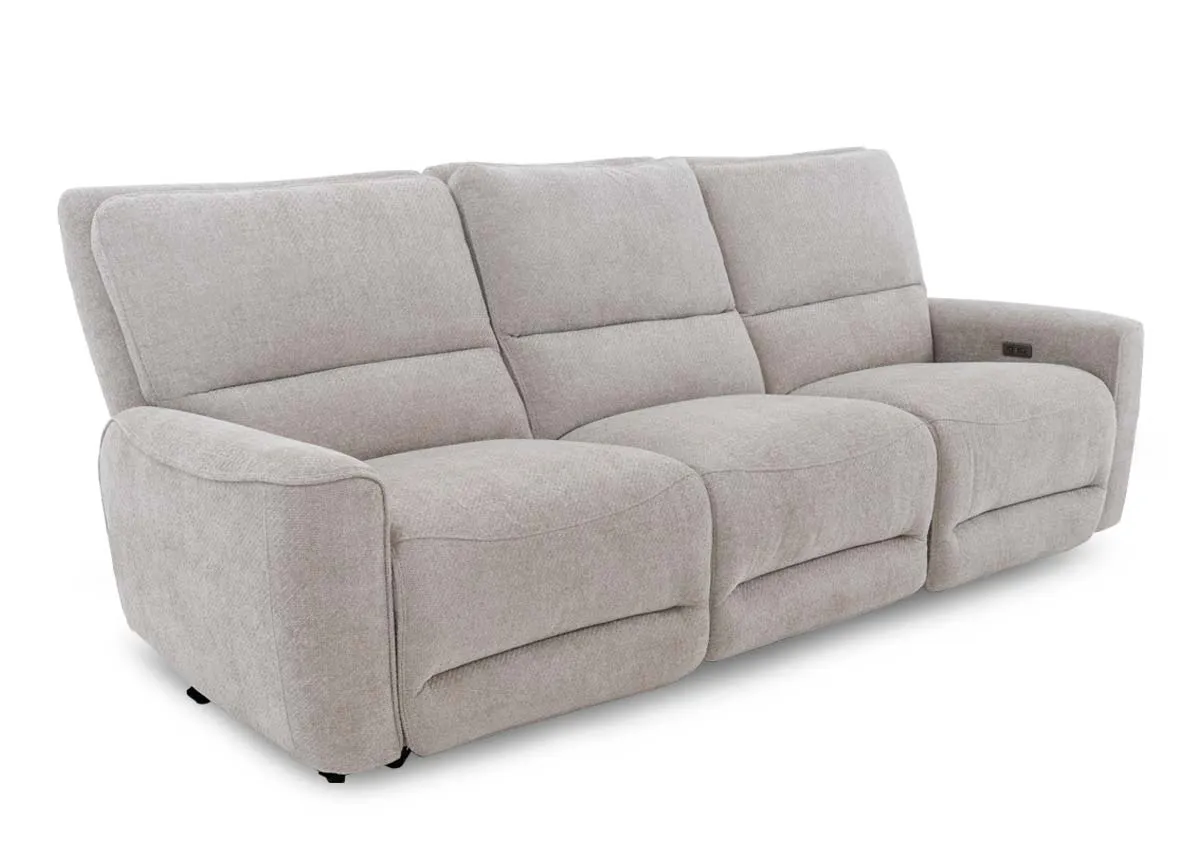 A 3 seater beige fabric power recliner from EZ Livings Ashbrook range. Angled view of sofa