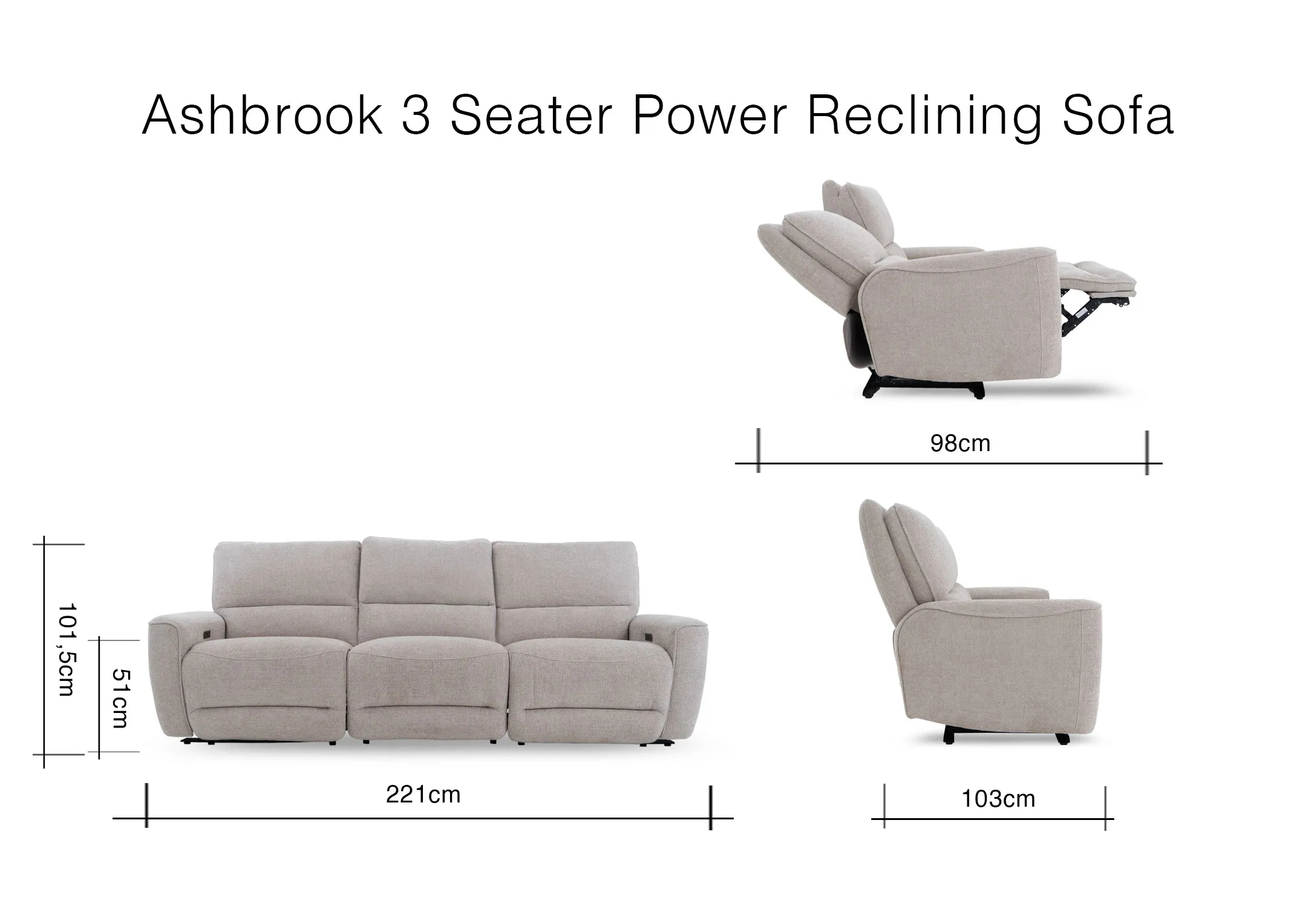 A dimension image of the Ashbrook 3 Seater sofa with 221cm x 103-165cm x 51cm x 101.5cm