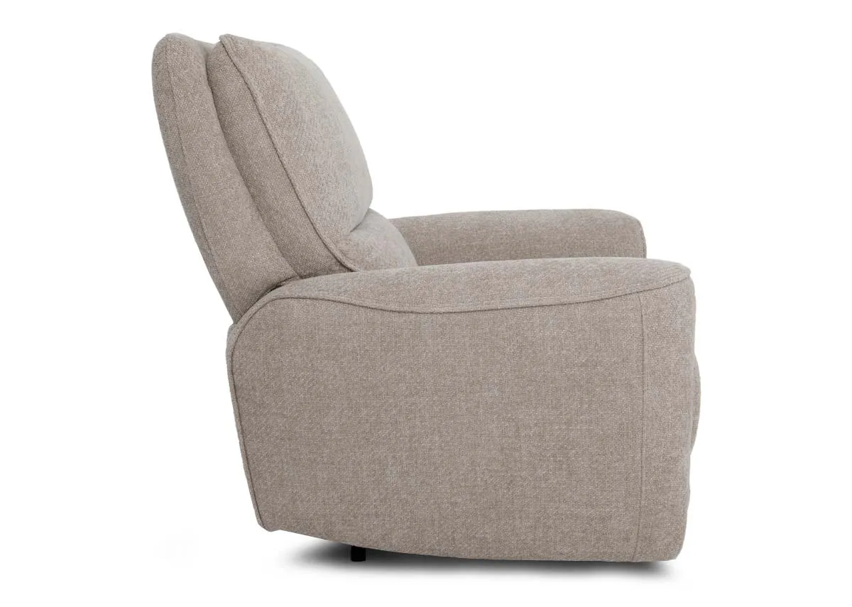 A beige fabric power recliner from EZ Livings Ashbrook range. Side view