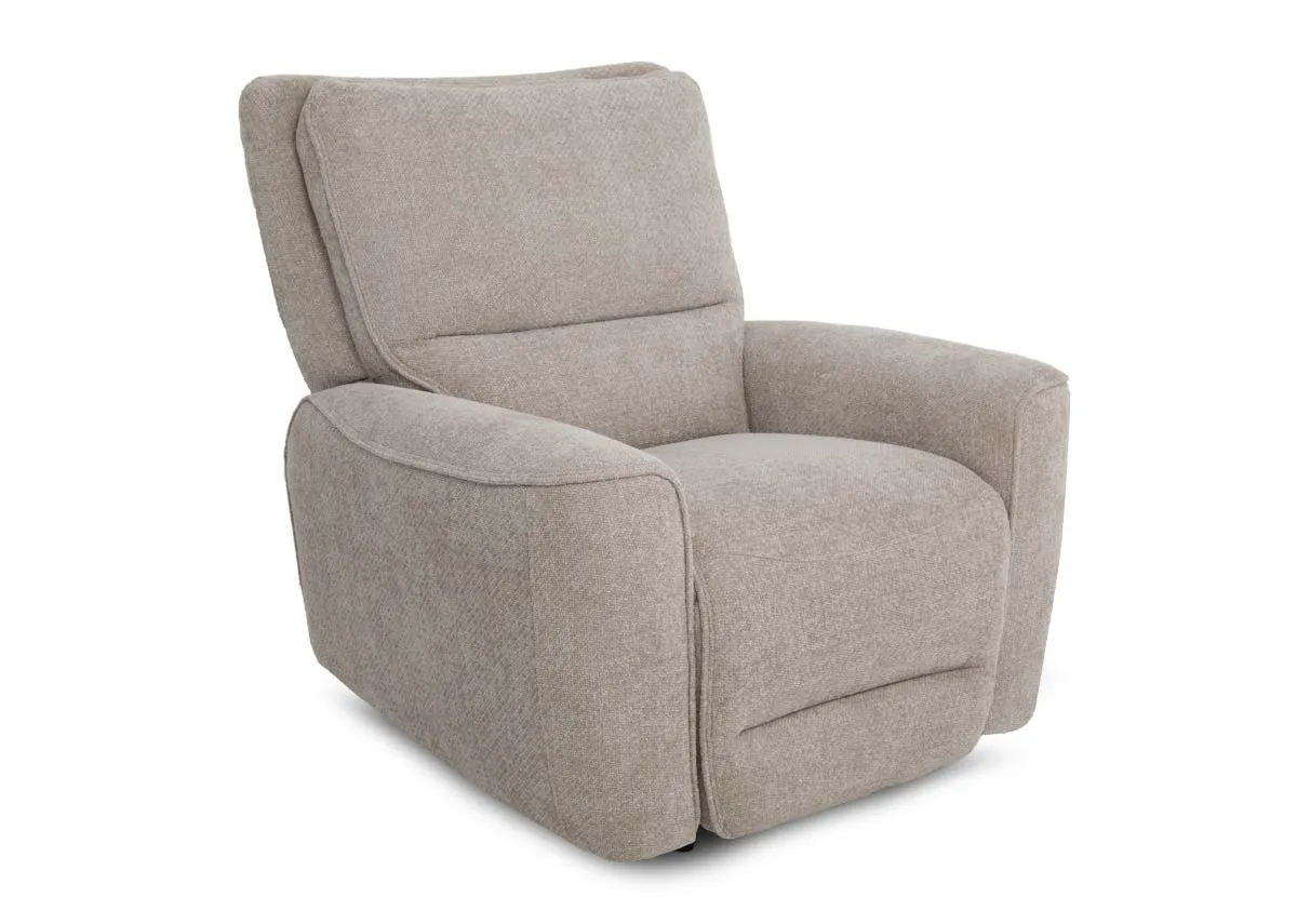 A beige fabric power recliner from EZ Livings Ashbrook range. Angled view of the chair in fixed mode