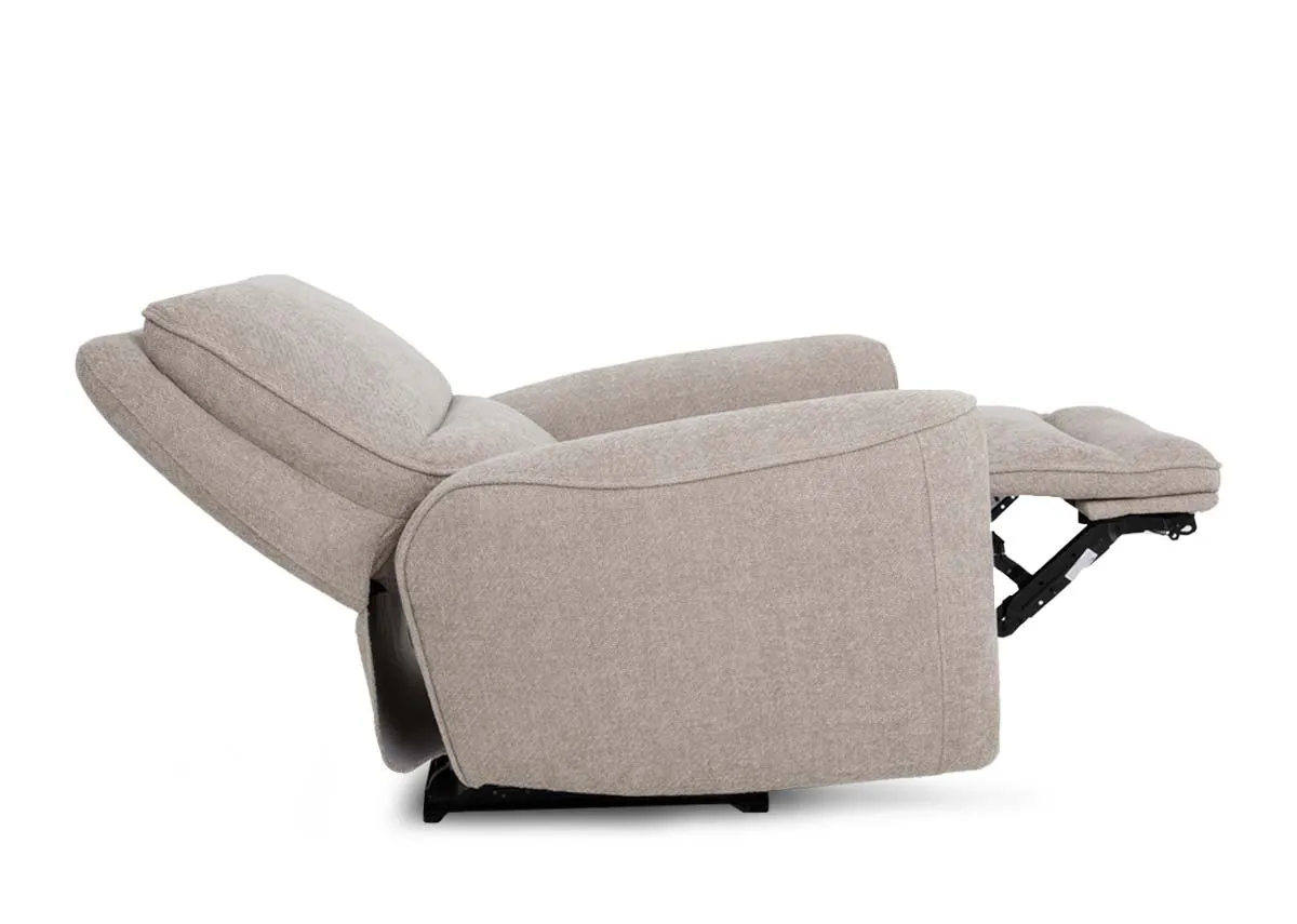 A beige fabric power recliner from EZ Livings Ashbrook range.Side view of chair fully reclined