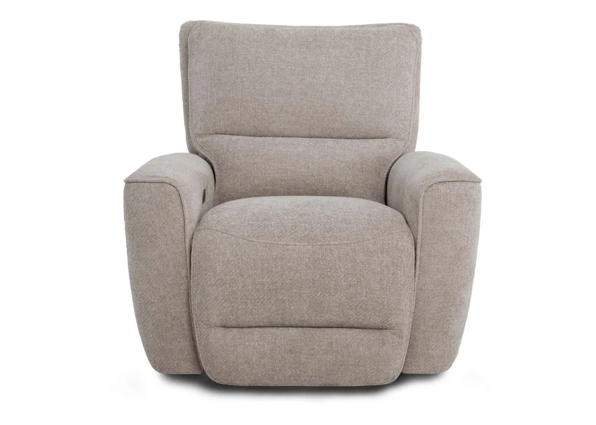 A beige fabric power recliner from EZ Livings Ashbrook range. Front view of foam seat cushion