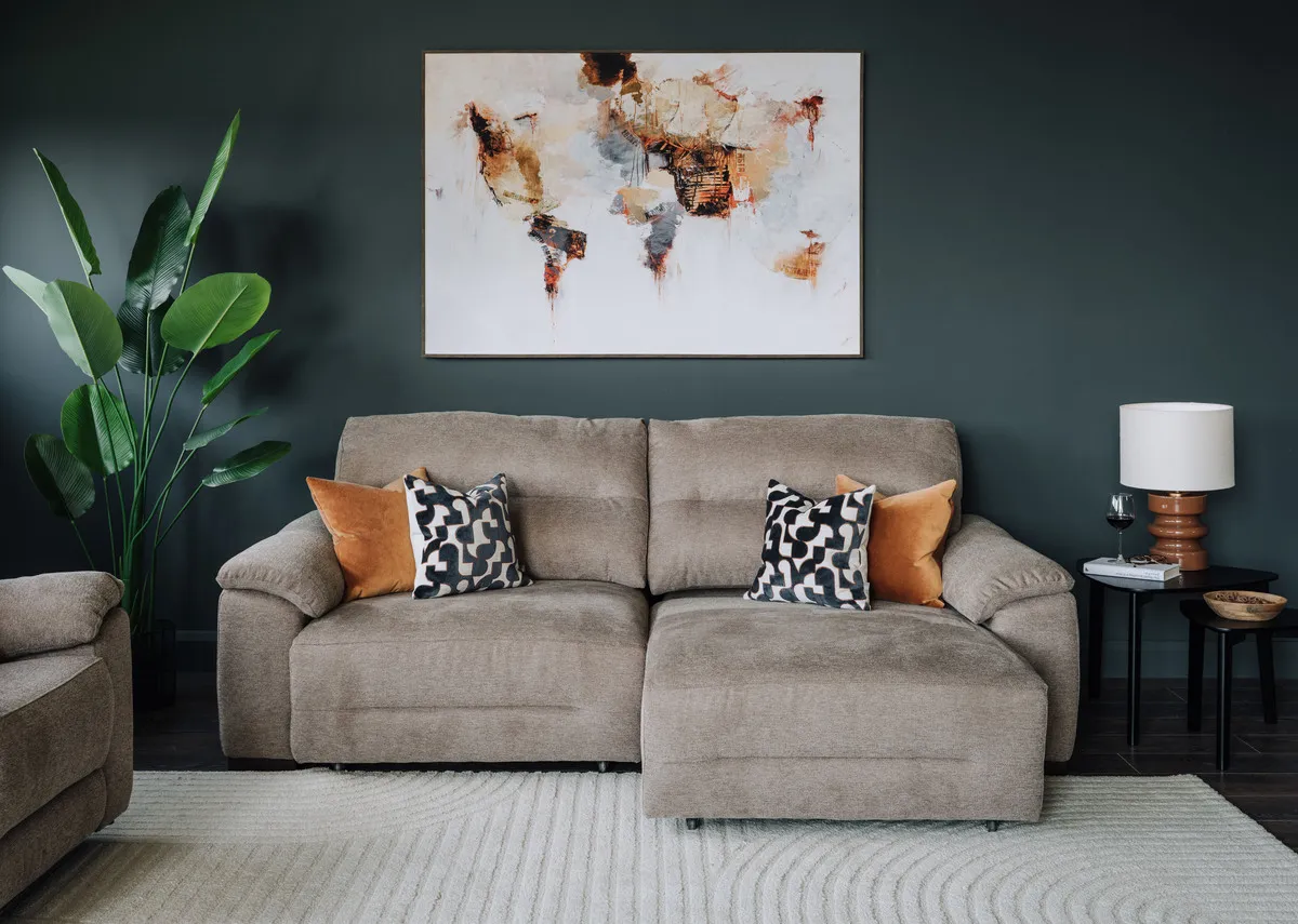 A 3 seater cinema chaise sofa from EZ Livings Annalee range. Side view of padded armrests