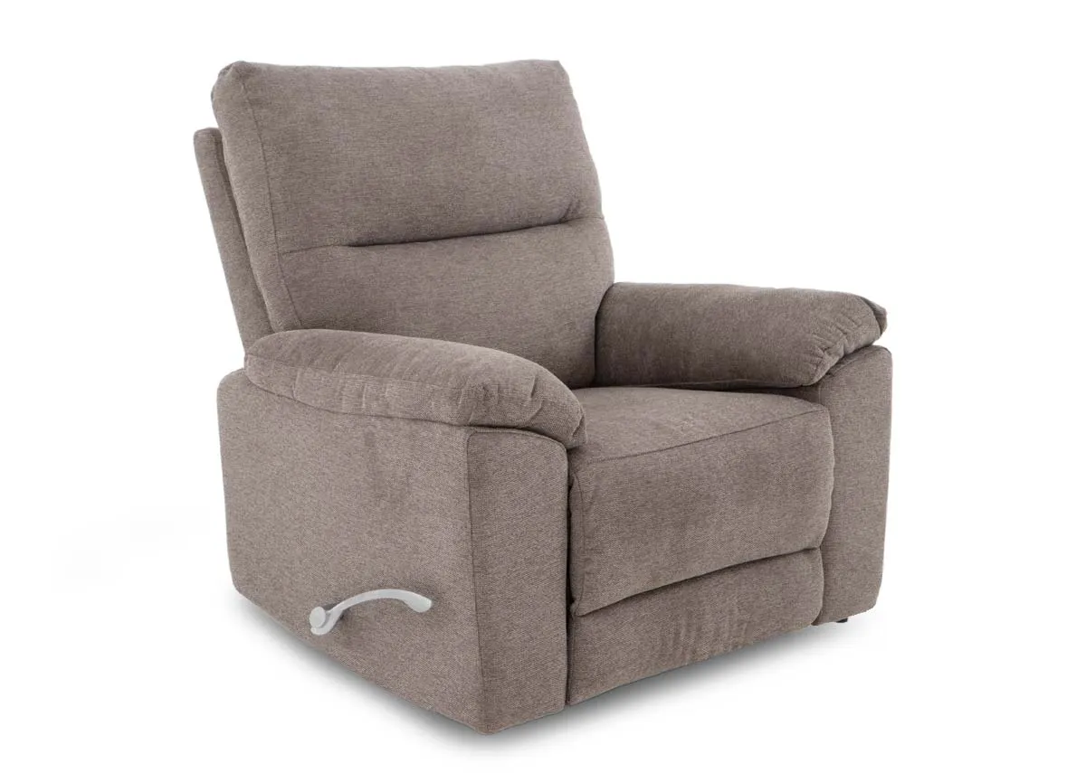 A beige fabric swivel recliner from EZ Livings Annalee range. Angled view