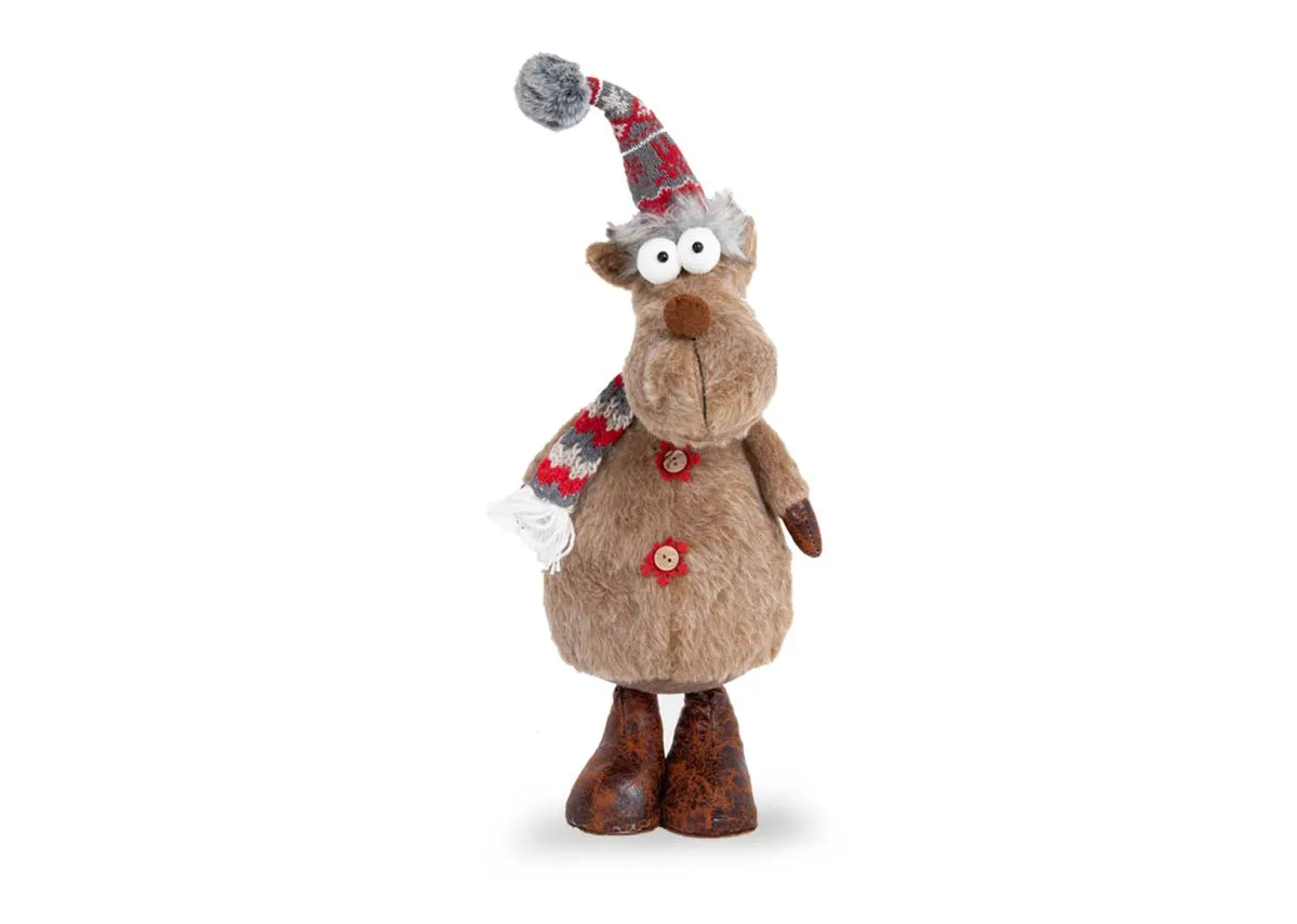 A short brown soft reindeer figurine from EZ Livings Christmas range. Front view of Jolly Reindeer.