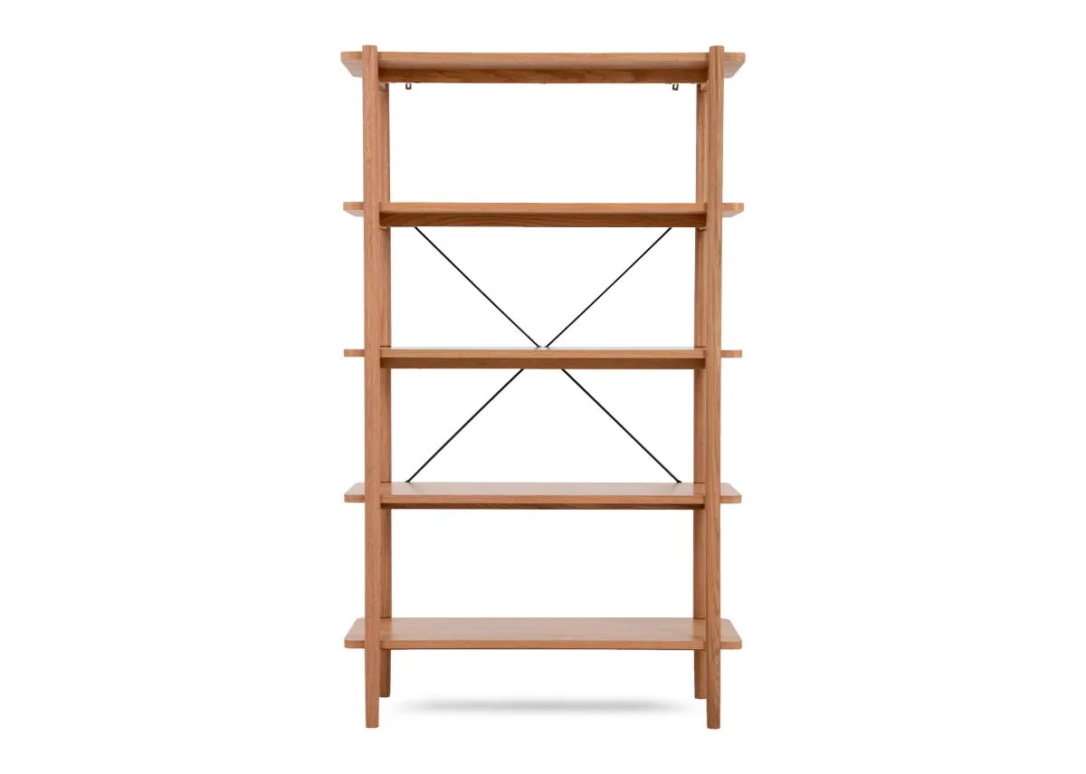 A 5 shelf oak open display unit from EZ Livings Gallina range. Side view