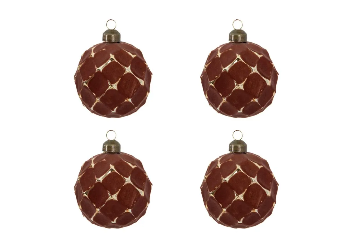 A set of 4 red & gold baubles from EZ Livings Christams range. Front view of Santa Tell me Bauble Set.