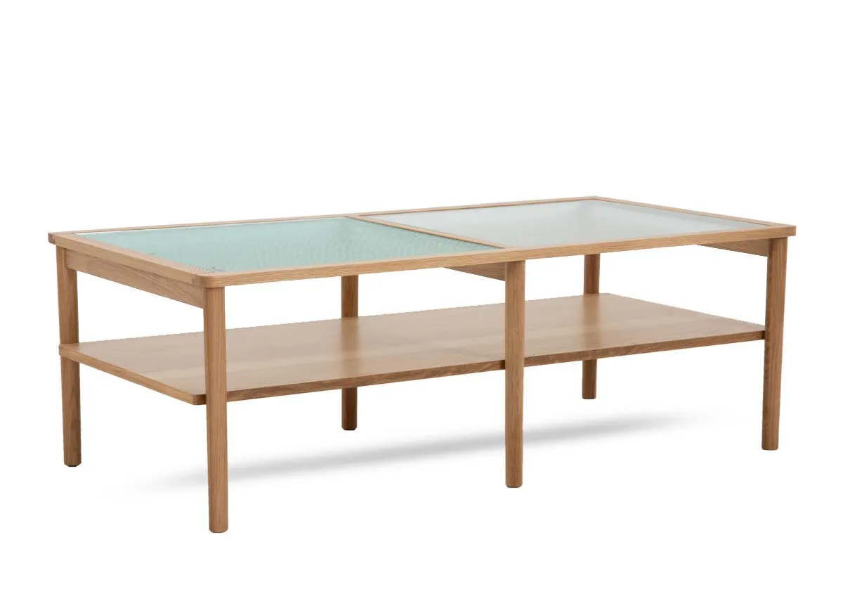 An oak coffee table with glass top from EZ Livings Gallina range. Angled view of frosted tempered glass.