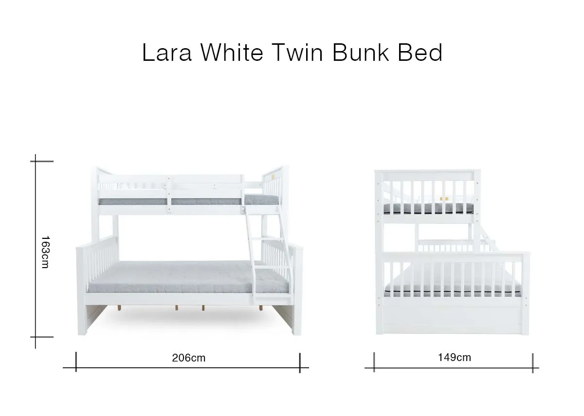 A dimension image of the Lara Twin bunk with 206cm x 149cm x 148cm
