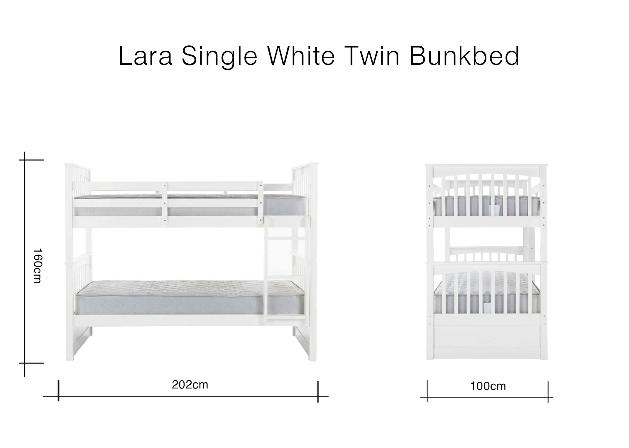 A dimension image of the Lara single bunk bed with 202cm x 100cm x 160cm