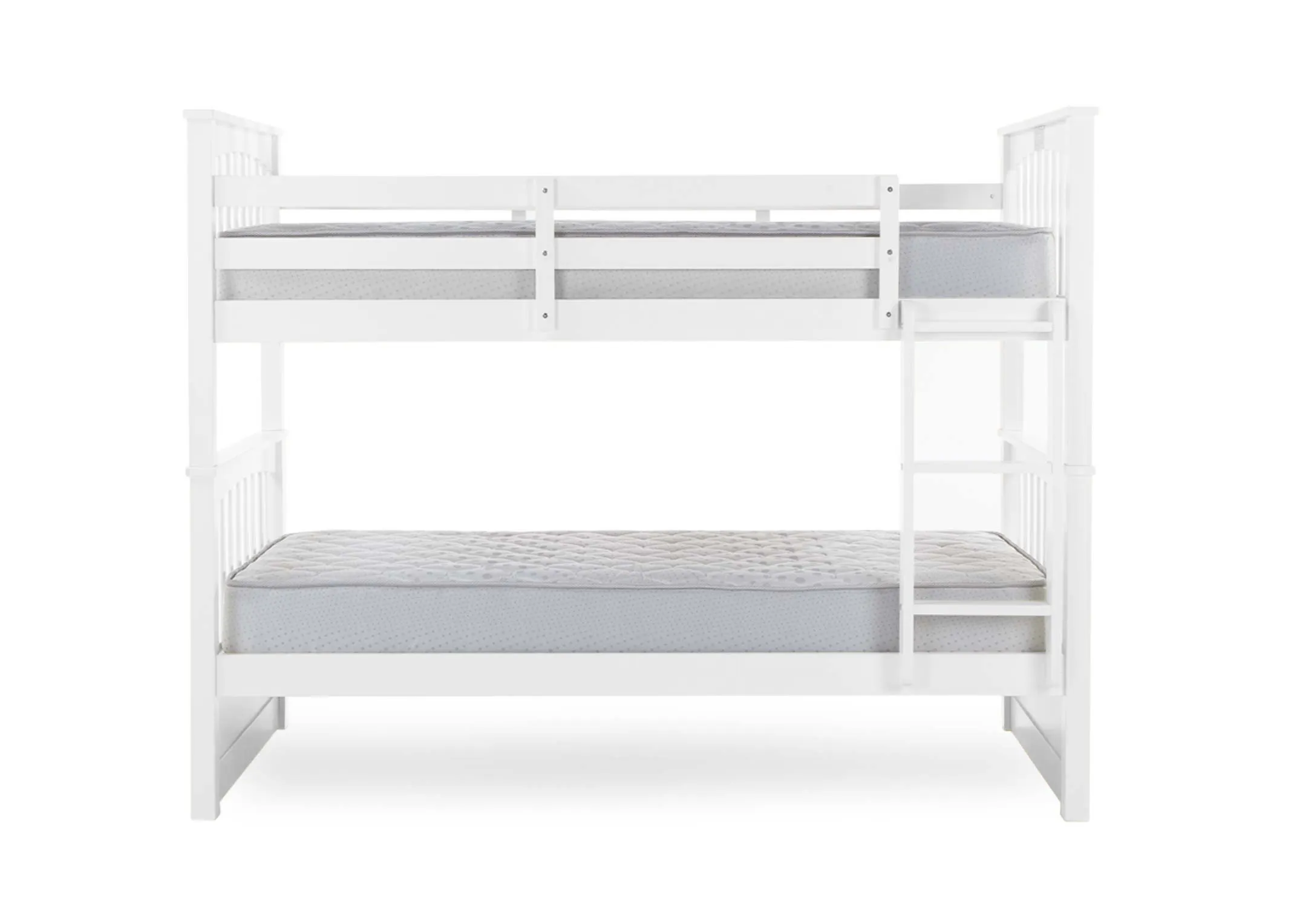 A 3ft single white bunk bed with mattress on top & bottom. Front view