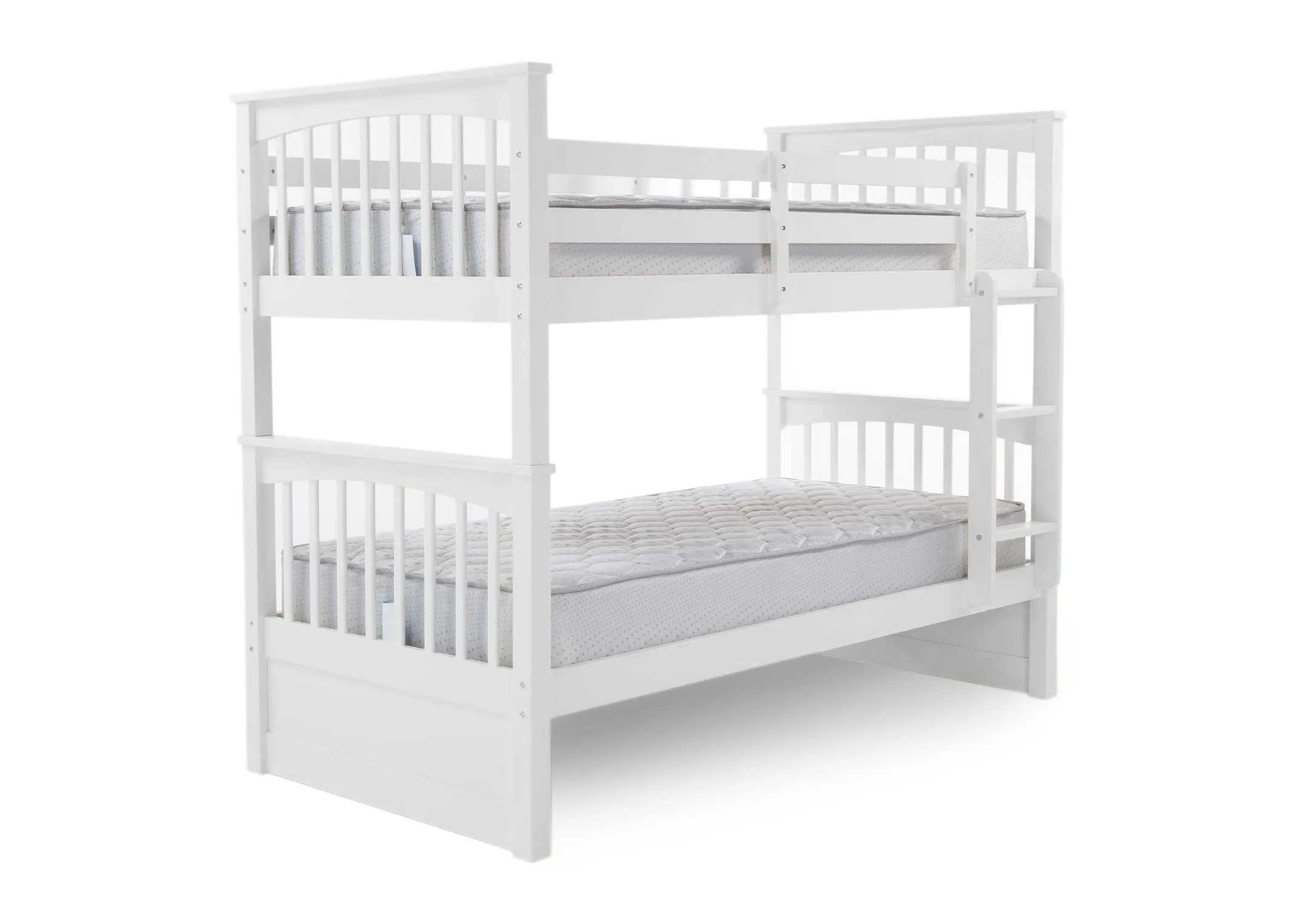 A 3ft single white bunk bed with mattress on top & bottom. Angled view