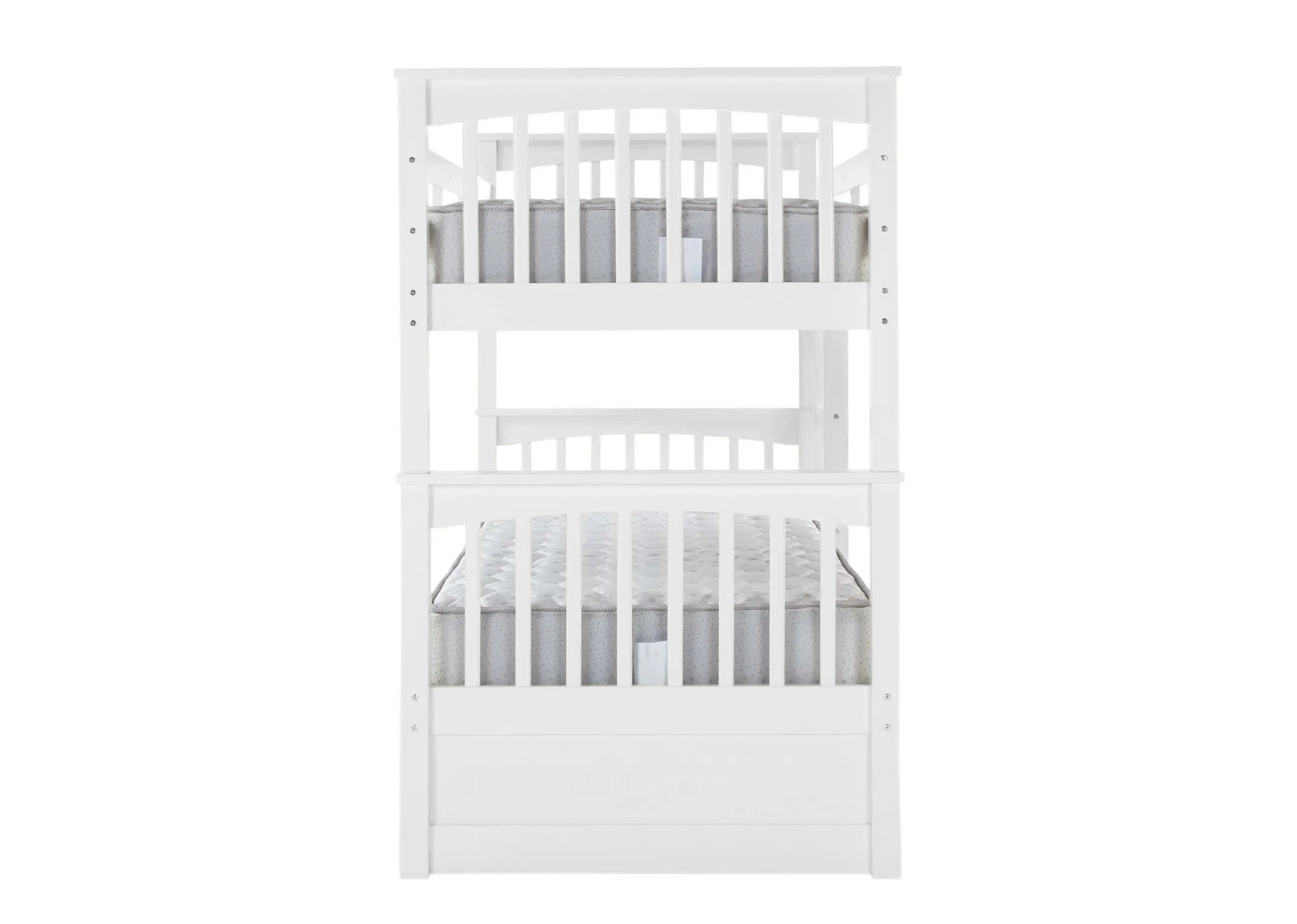 A 3ft single white bunk bed with mattress on top & bottom. Side view