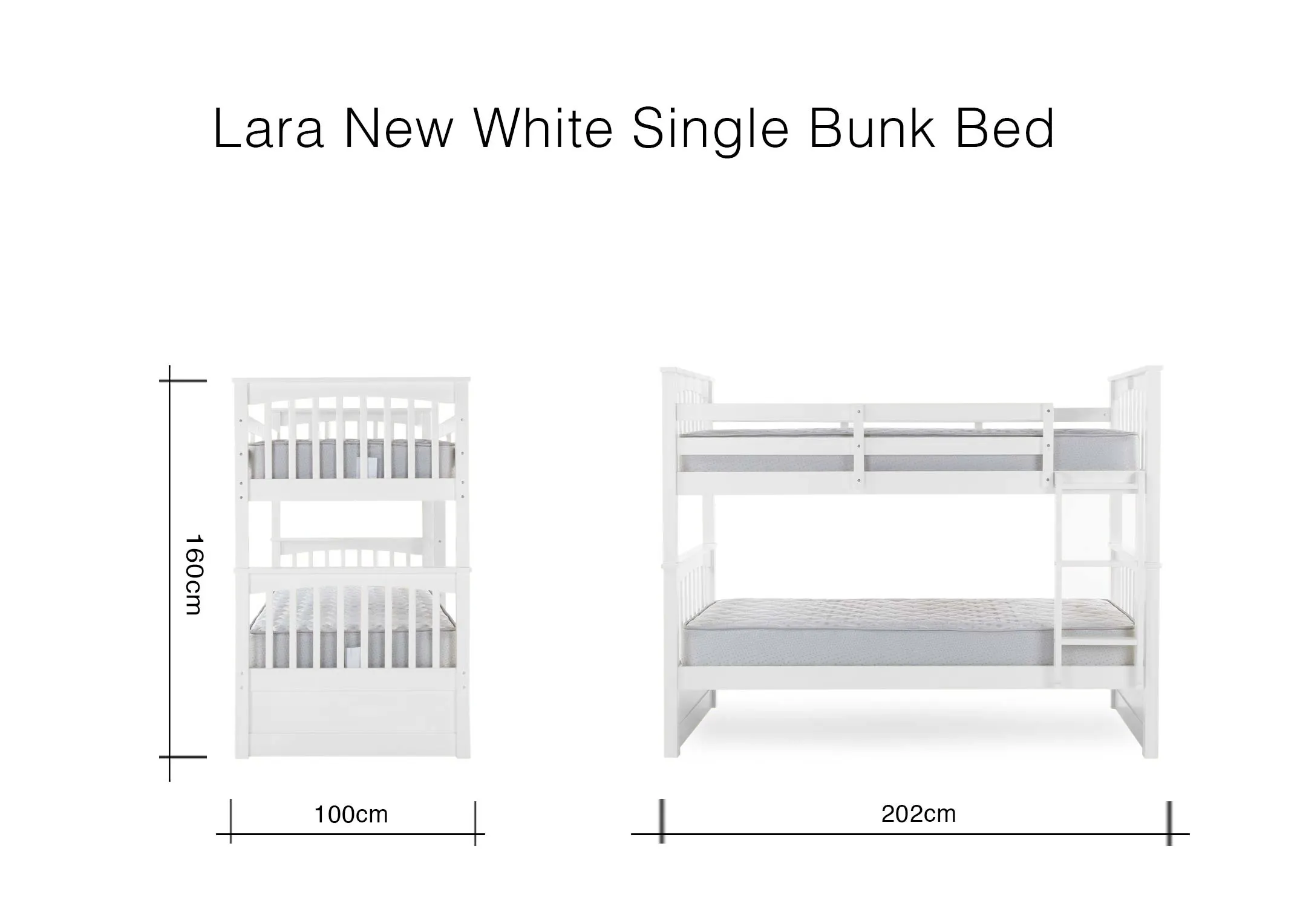 A dimension image of the Lara New White with 202cm x 100cm x 160cm