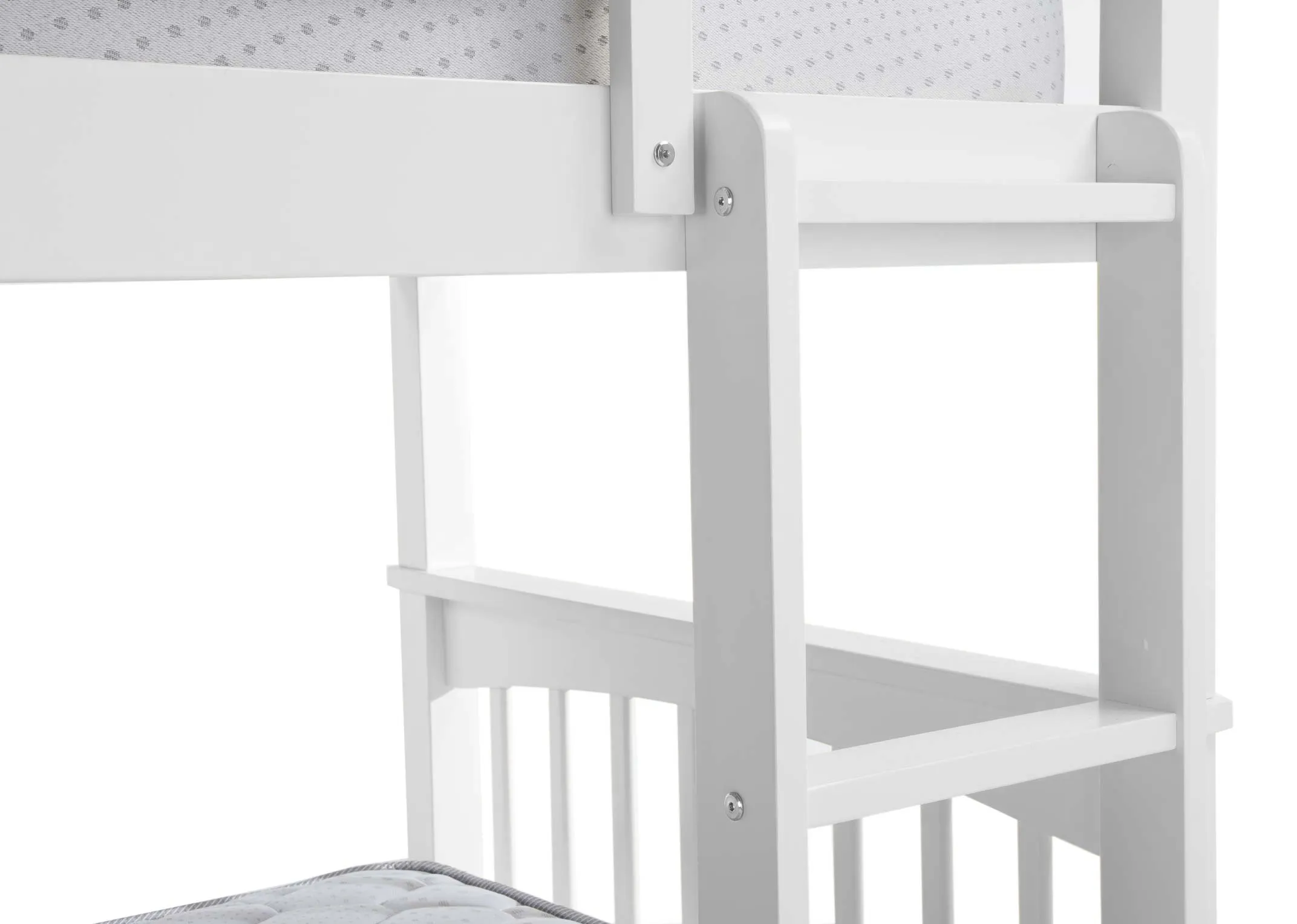 A 3ft single white bunk bed with mattress on top & bottom.  Closeup of