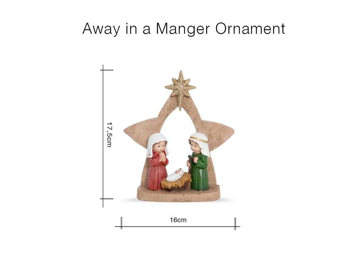 A dimension image of the Away in a Manger Ornament with 16cm x 17.5cm