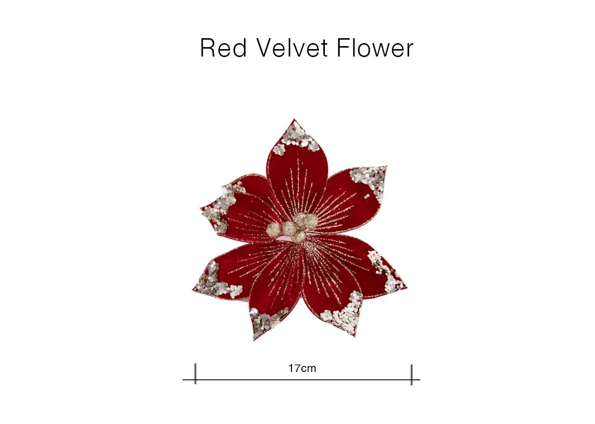 A bright red flower with gold sequin trim on petals from EZ Livings Christmas range. Closeup of pearly beads in centre