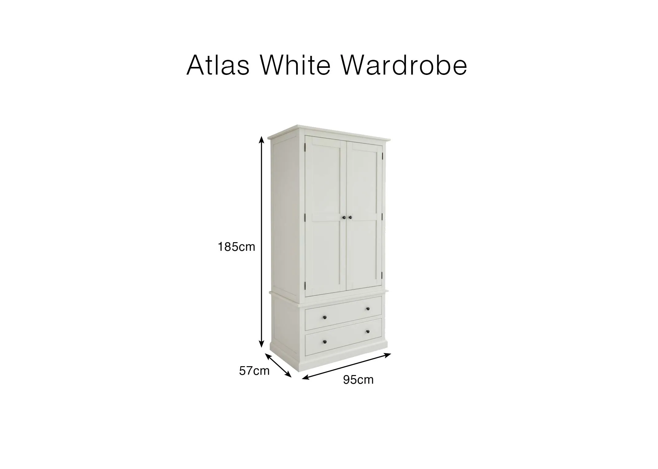 A dimension image of the Atlas Wardrobe with 185cm x 57cm x 95cm