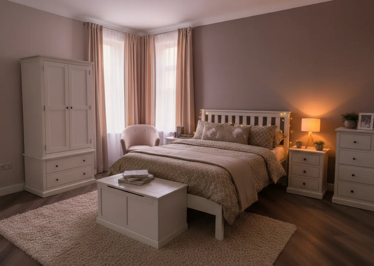 A lifestyle image of the Atlas white bedroom range with 2 doors wardrobe.