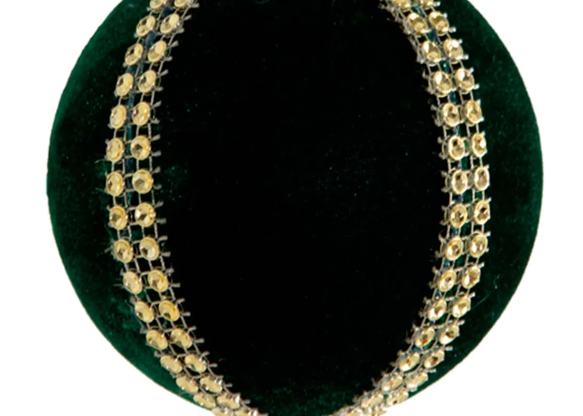 A Green velvet bauble with gold diamante bow from EZ Livings Christams range. Closeup of diamante