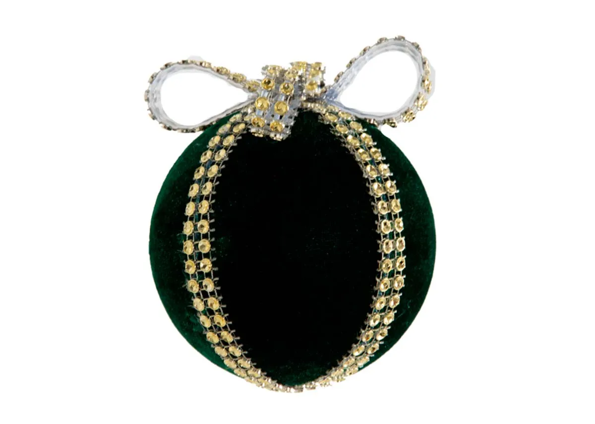 A Green velvet bauble with gold diamante bow from EZ Livings Christams range. Front view