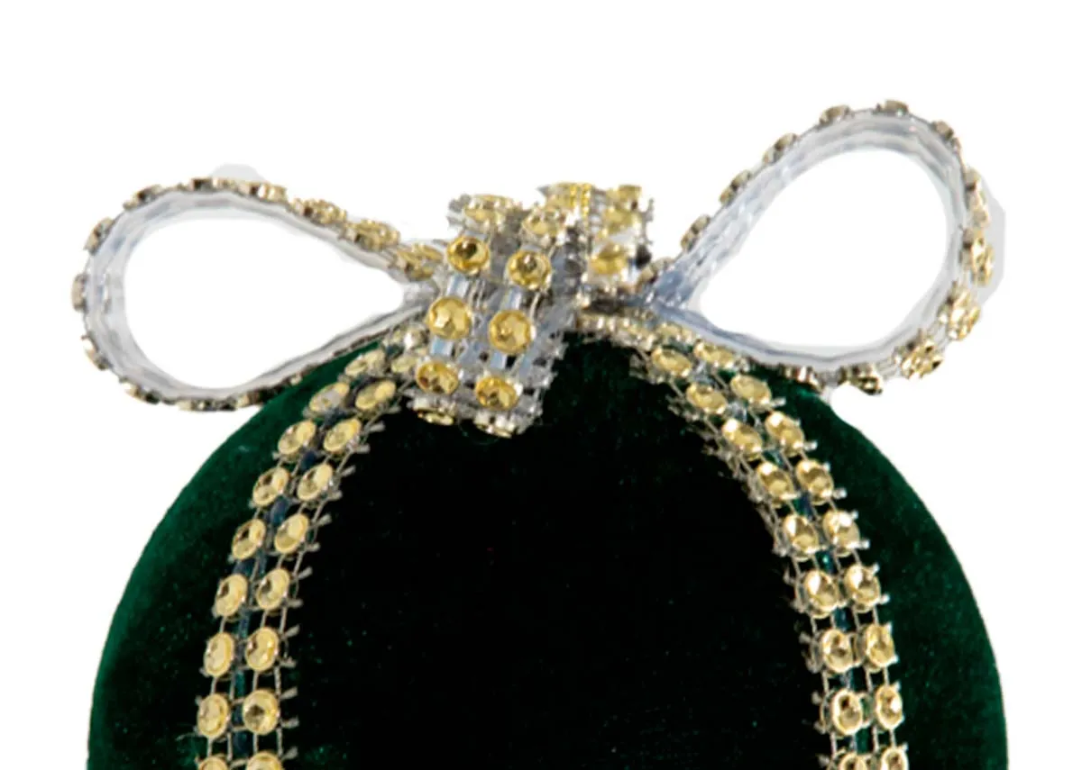 A Green velvet bauble with gold diamante bow from EZ Livings Christams range. Closeup of diamante bow