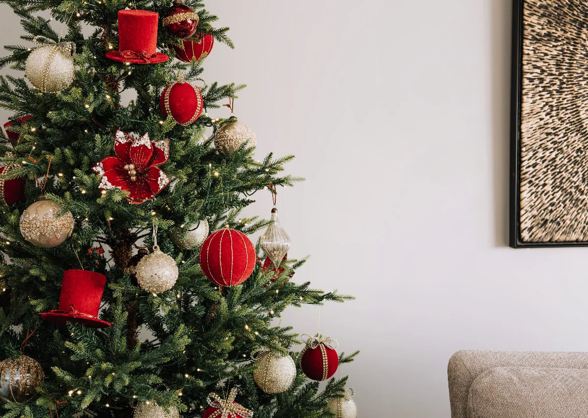 A lifestyle image of the Douglas tree with Red velvet baubles and gold baubles