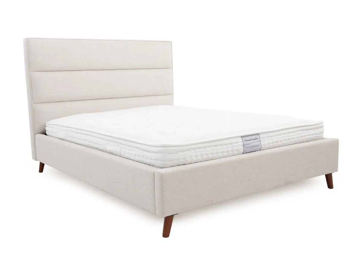 A beige fabric 4ft 6 bedframe from EZ Livings Ebony range. Angled view.