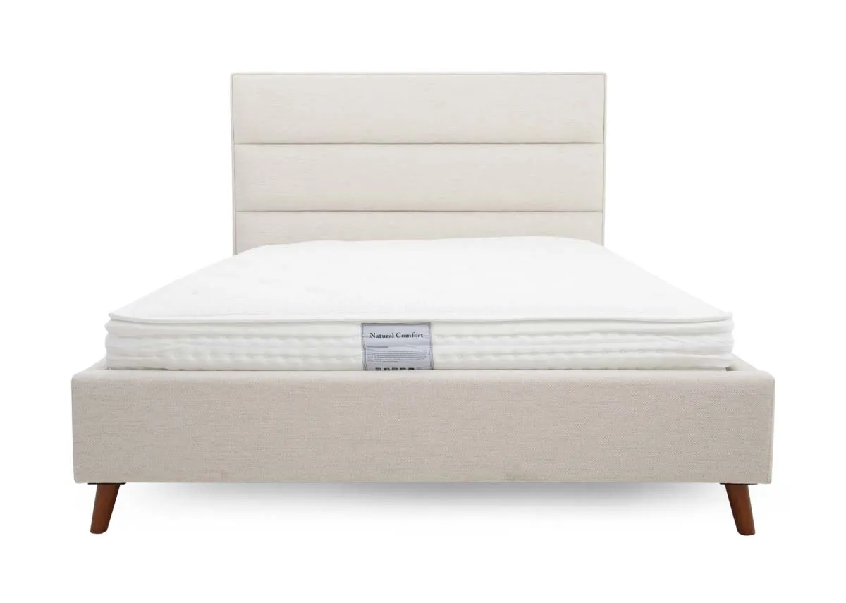 A beige fabric 5ft bedframe from EZ Livings Ebony range. Front view