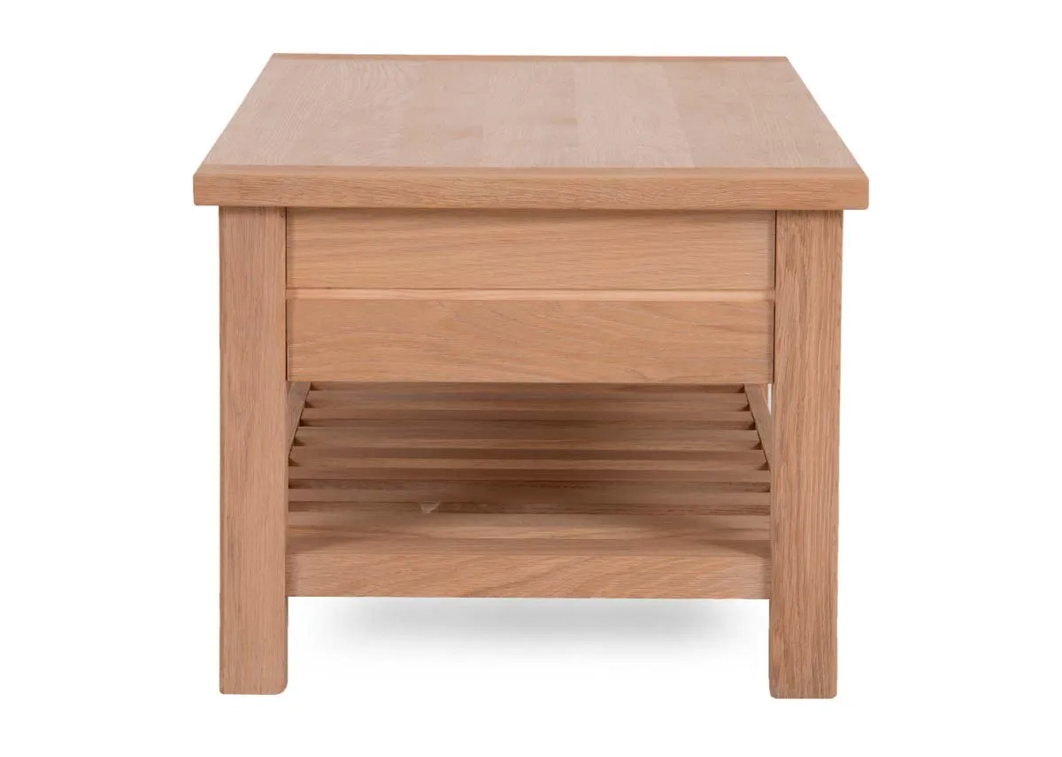 An oak 2 drawer coffee table from EZ Livings Albany range.Side veiw of oak finish.