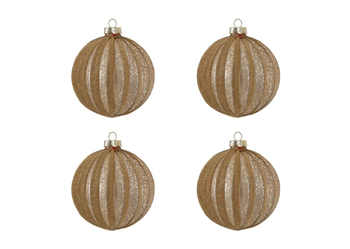 A set of 4 brown distressed baubles from EZ Livings Christams range. Front view of 4 sliced baubles.
