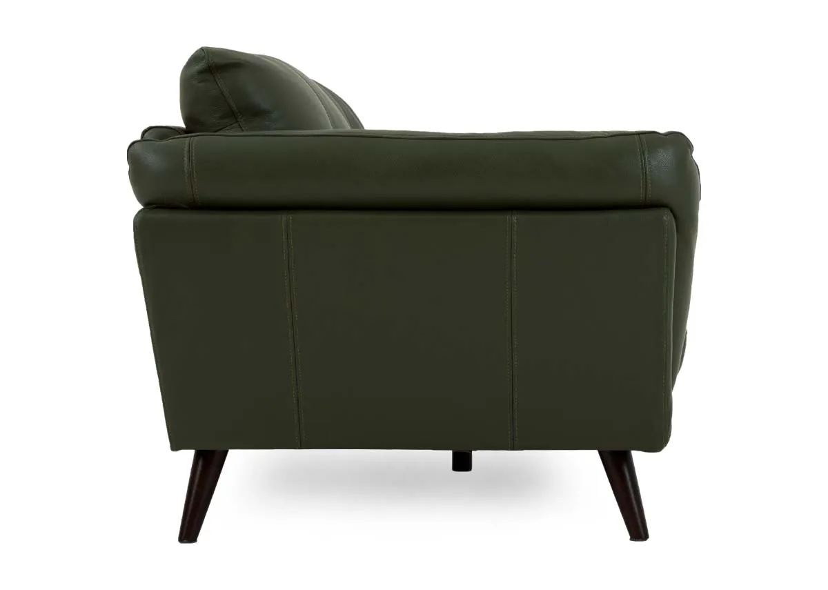 A 2.5 seater sofa in green leather from EZ Livings Toscana range. Back view of seamed finish