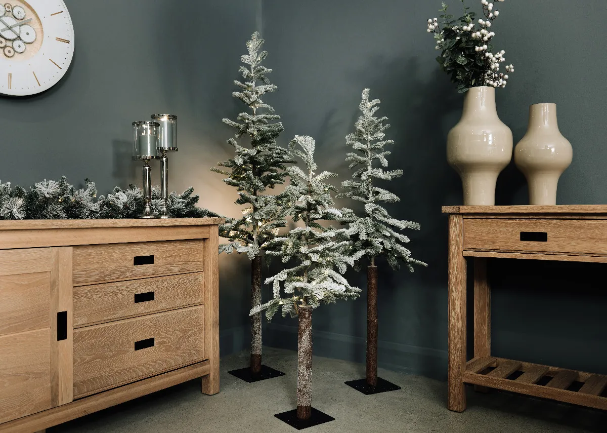 A lifestyle image of the Gold Coast console and sideboard with 3 size Alder trees in a corner.