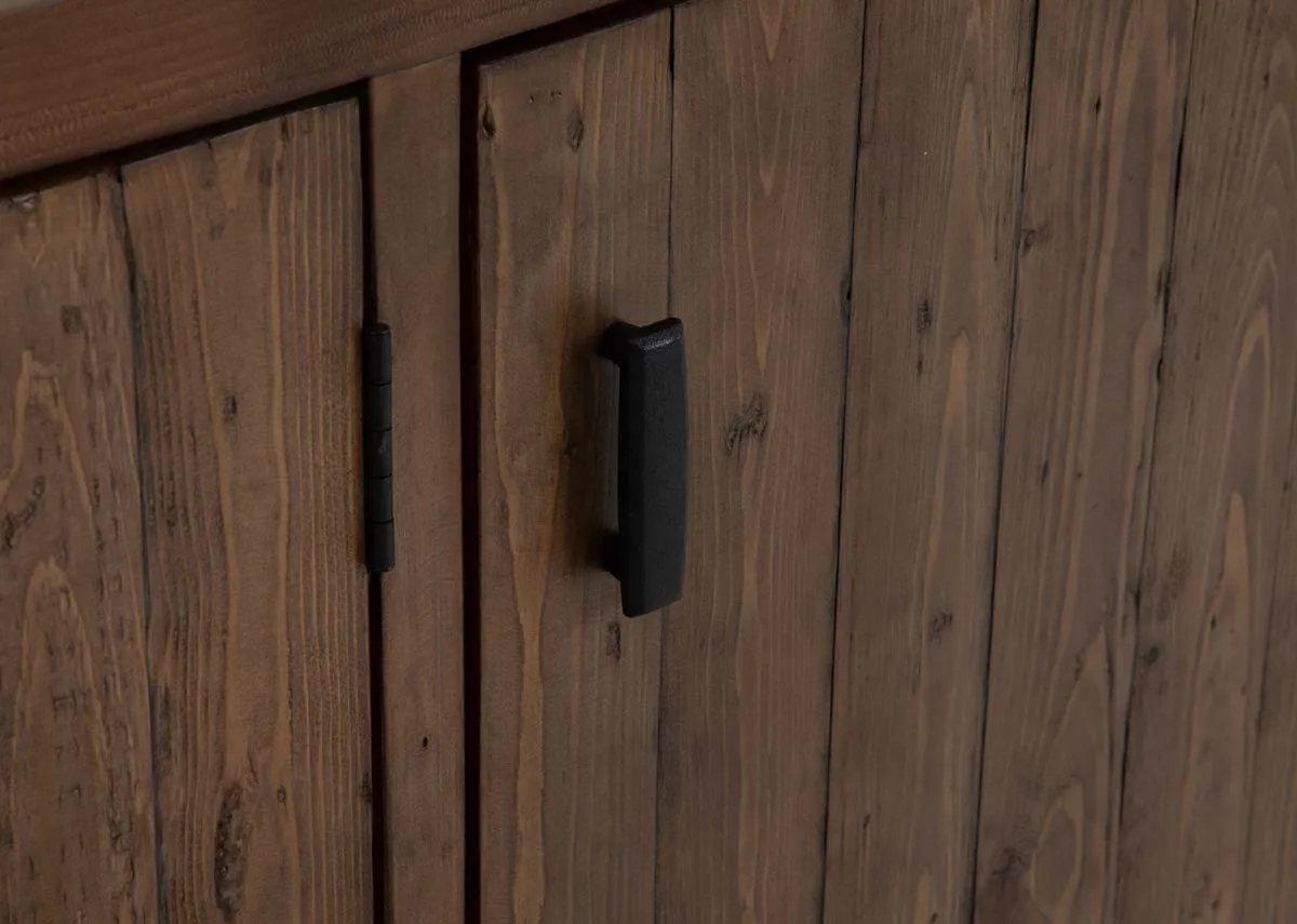 A brown cashew 3 door sideboard from EZ Livings Ladder range. Front view of 3 doors open revealing 6 small shelves.