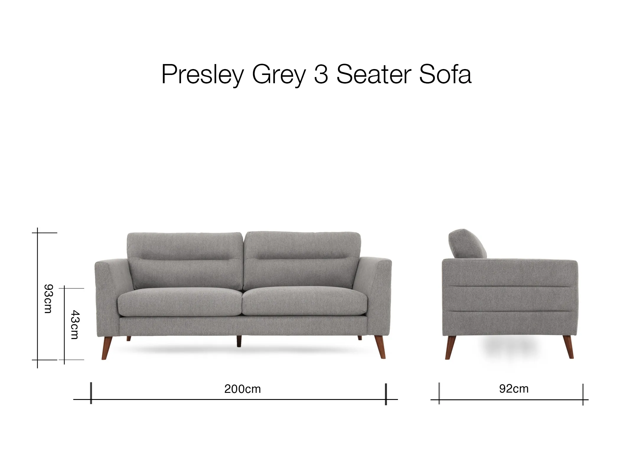 A dimension image of the Presley 3 seater sofa with 200cm x 92cm x 93cm