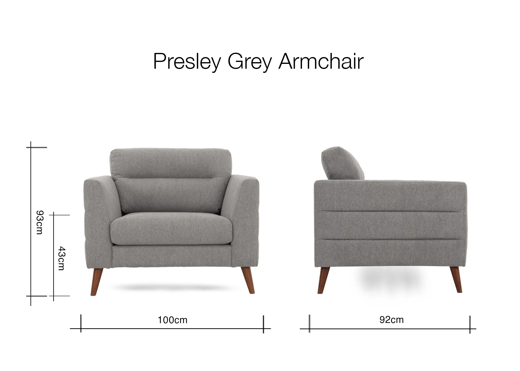 A dimension image of the Presley Armchair with 100cm x 92cm x 93cm x 43cm
